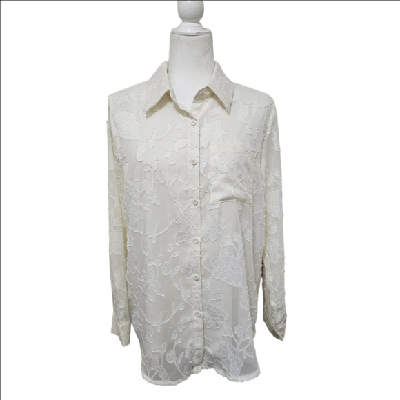 Pretty Garden Romantic Sheer Chiffon Textured Blouse Button Down Cream Small - Picture 3 of 16